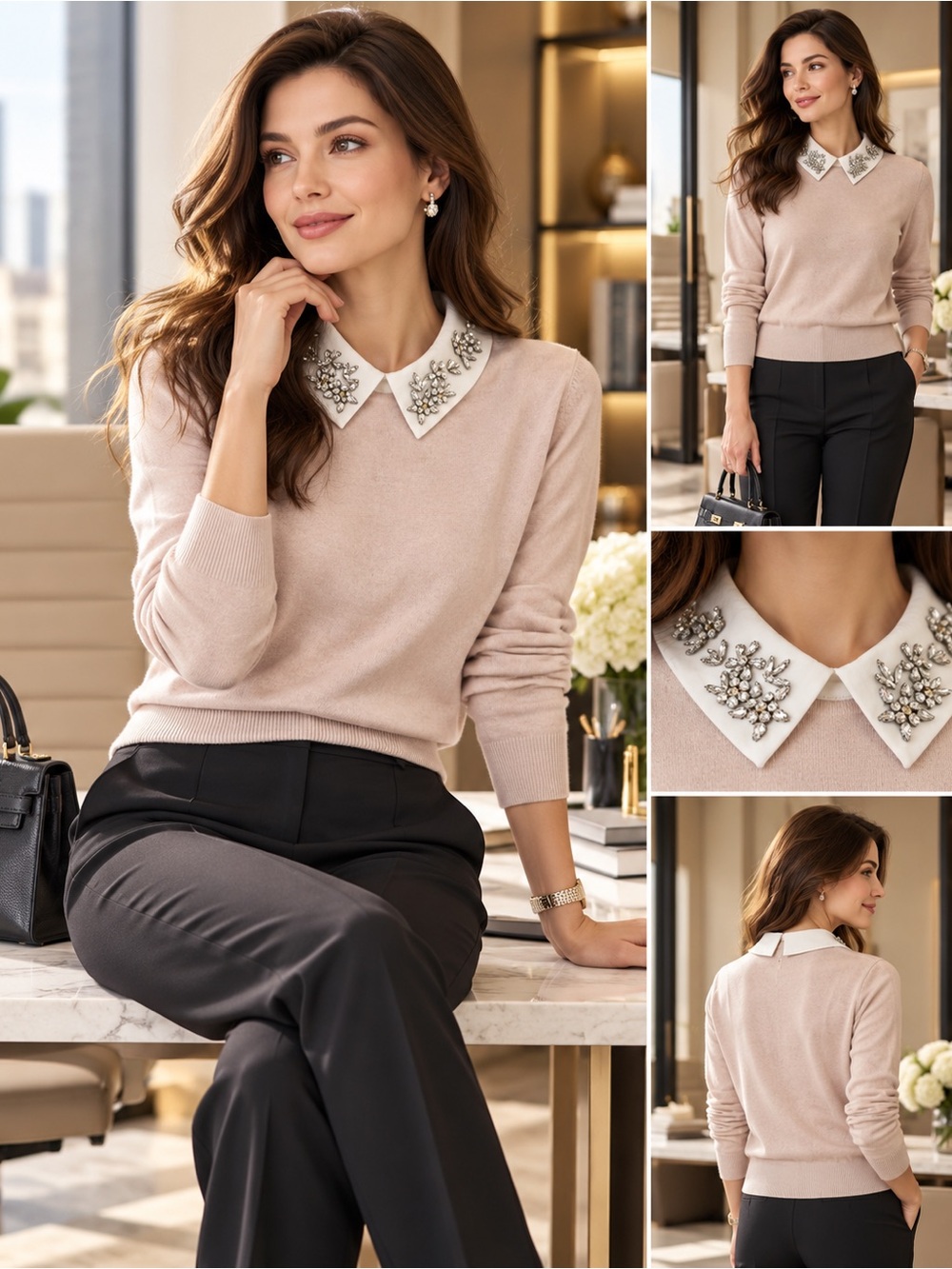 NWT Sioni Milano Embellished Crystal Collar Knit Sweater XL